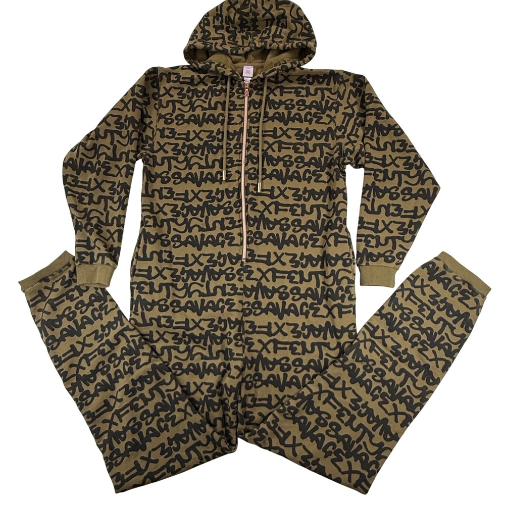 Savage X Fenty Rihanna Unisex Hooded Onesie Jumpsuit Olive Green Logo Graffiti M